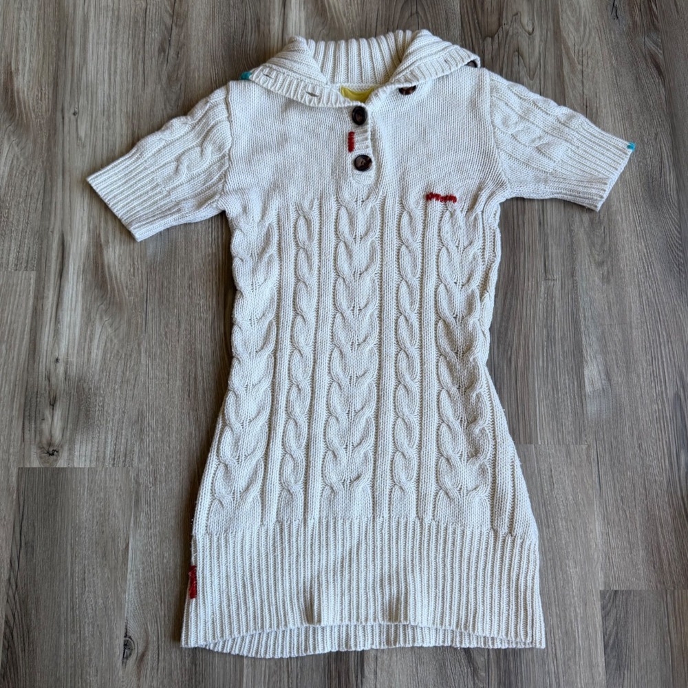 Vintage Y2K Lulu Via Cream Cable Knit Tunic Sweater Wool Blend Prep Short Sleeve